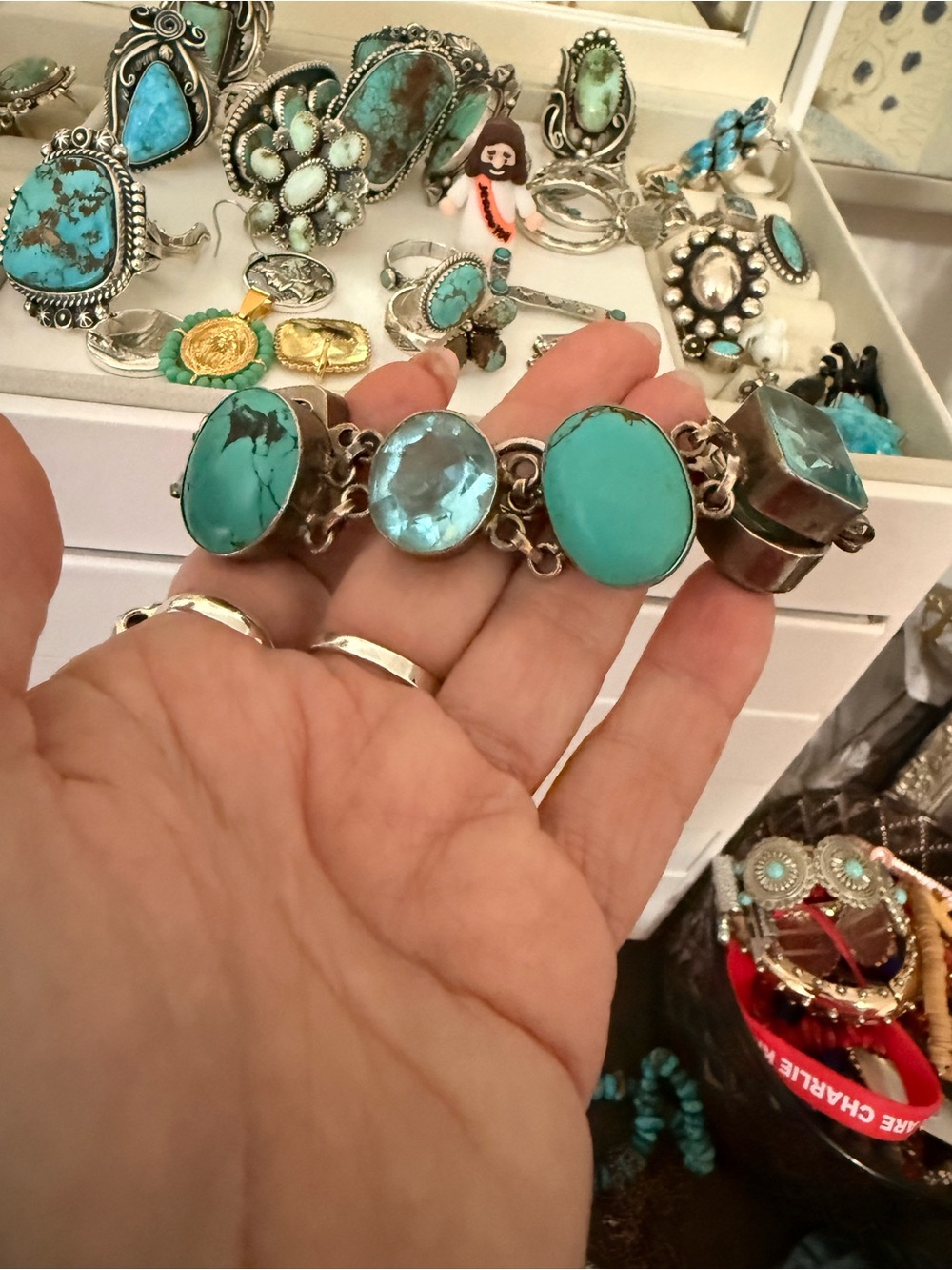 Vintage Gorgeous Sterling genuine turquoise and blue topaz bracelet